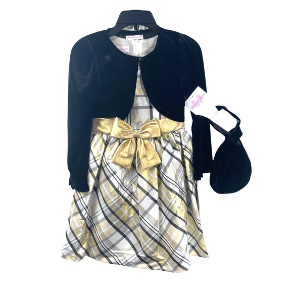 Girls Sz 8 Black Gold Holiday Party Dress Velour Jacket & Purse Set Bow Formal - Picture 2 of 8